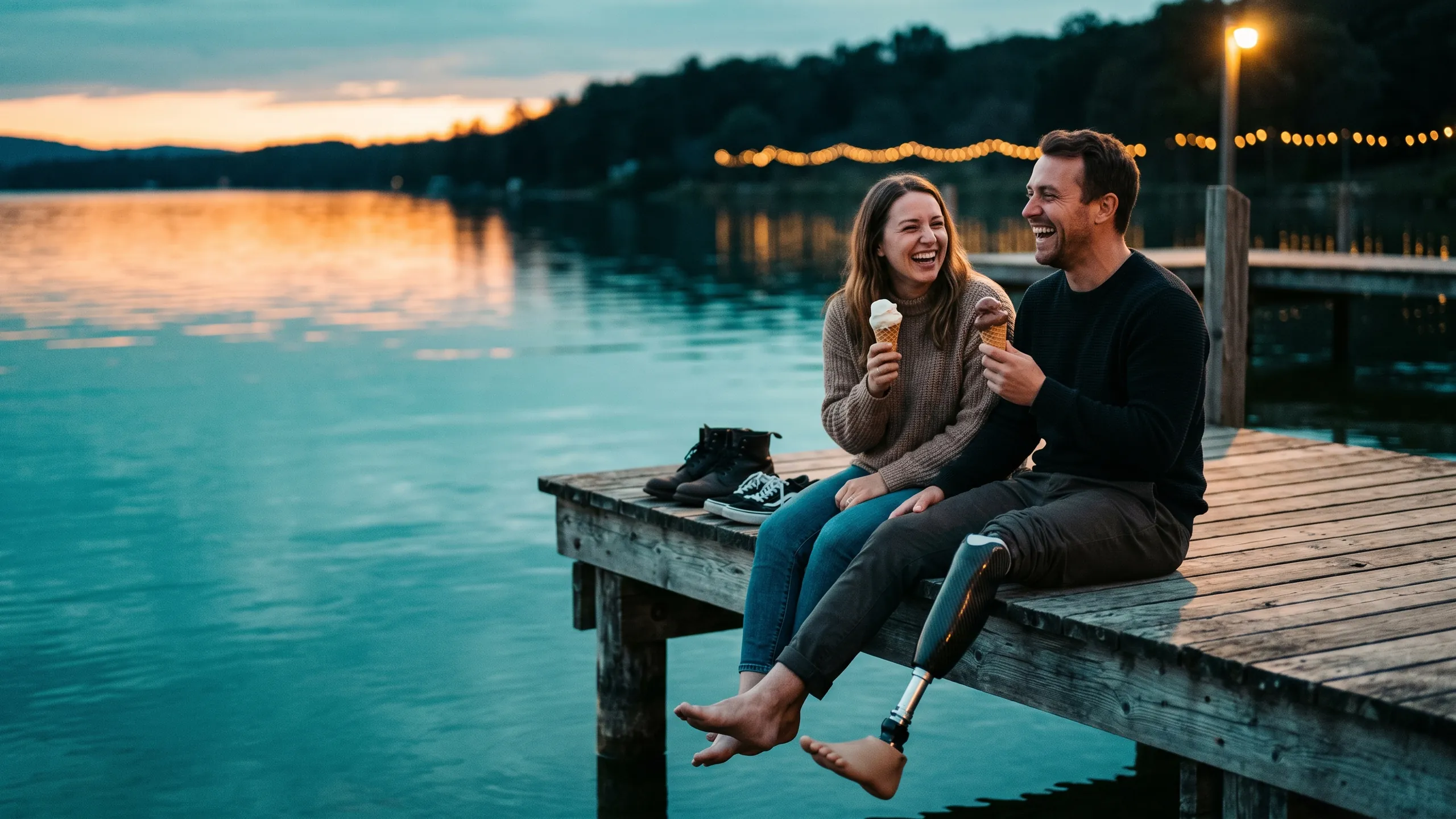 A couple eating ice creams on a lakeside pier at dusk; one partner has a prosthetic leg