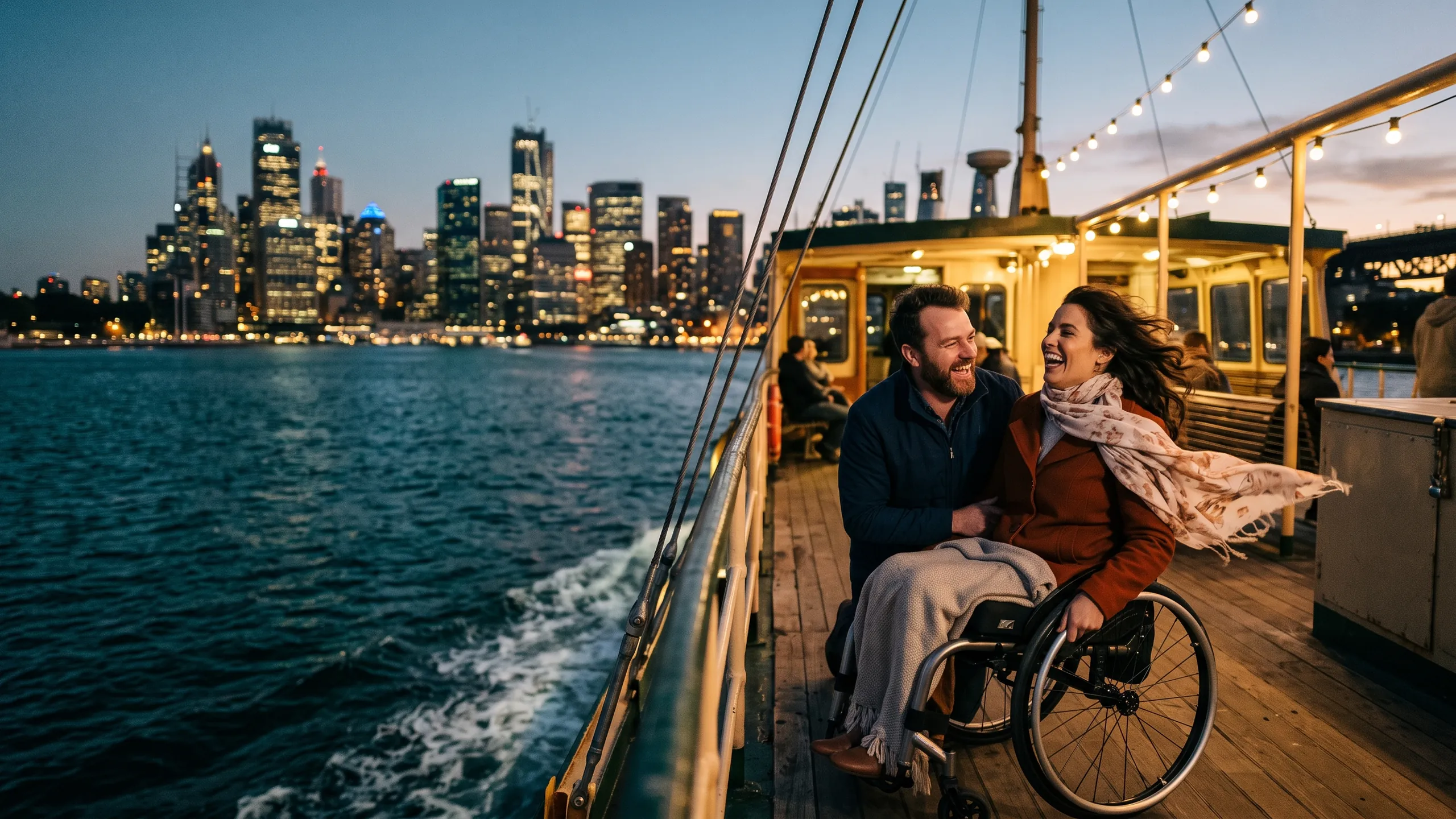 A couple laughing on the open deck of a harbour ferry at dusk, the city skyline behind; one partner is a wheelchair user