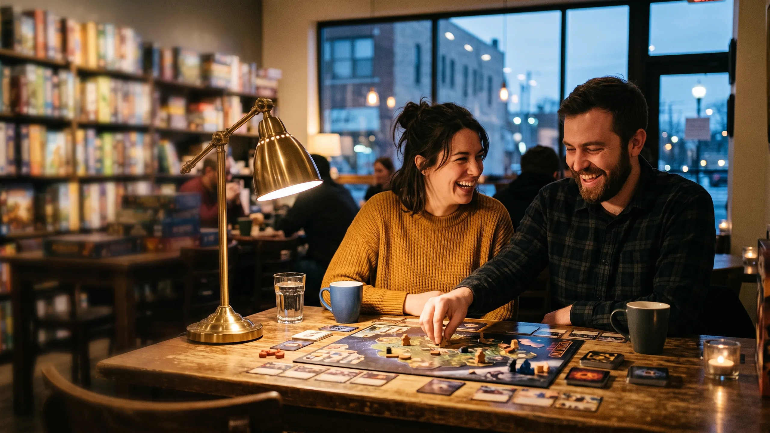 A couple laughing over a board game at a quiet games-caf&eacute; table in the evening