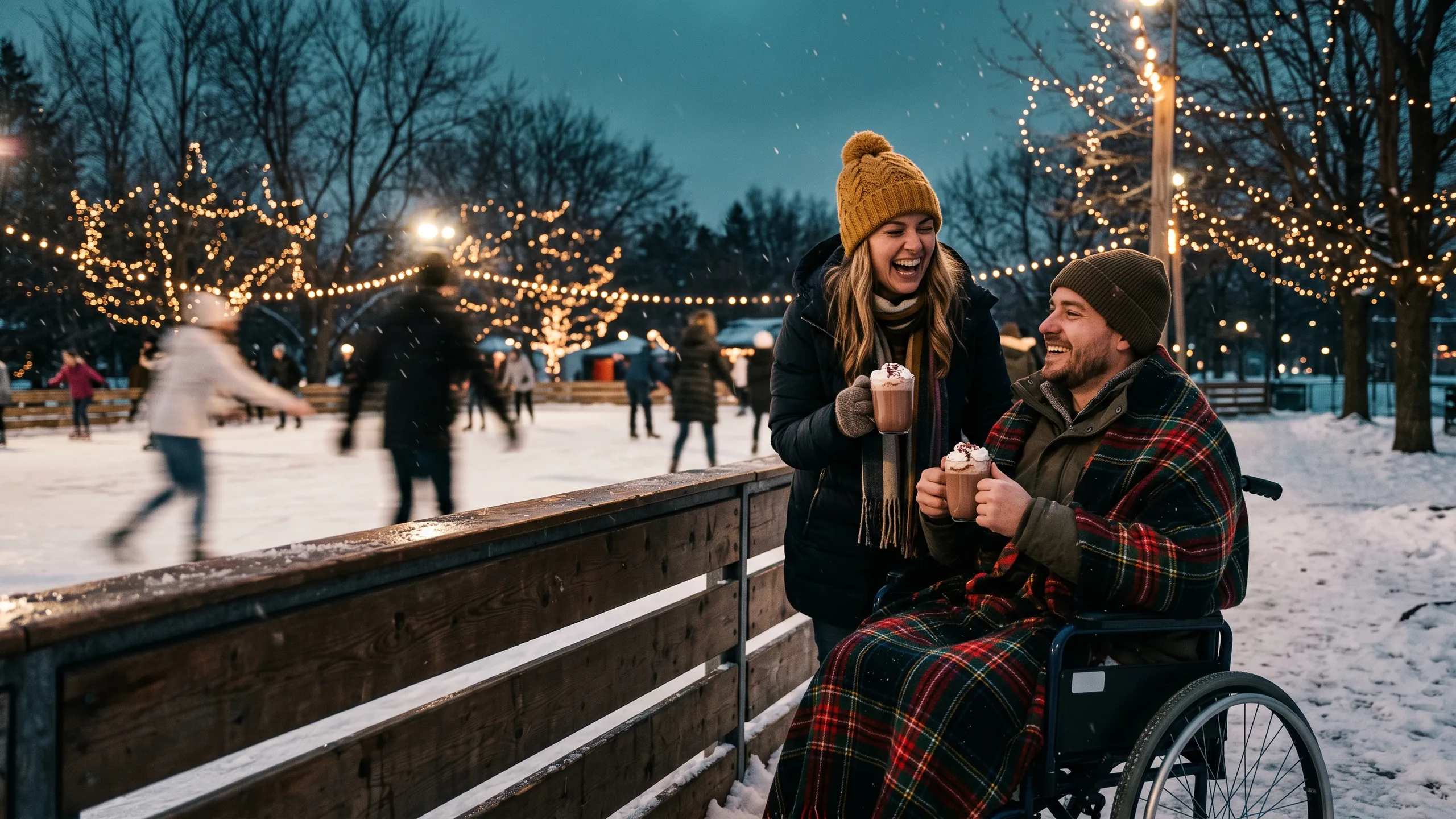 A couple with hot chocolates laughing beside an outdoor ice rink on a snowy winter evening; one partner is a wheelchair user