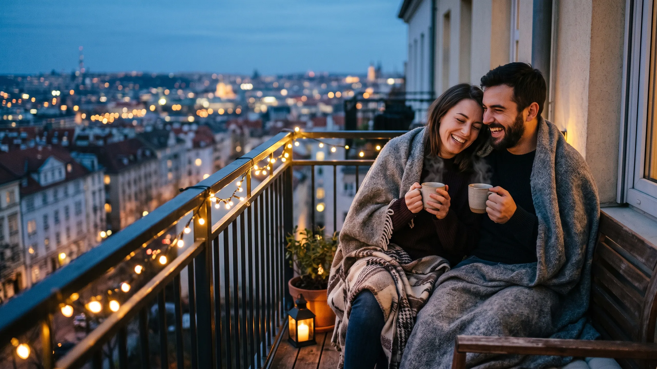 A couple wrapped in blankets with steaming mugs on a city balcony at blue hour, fairy lights along the railing
