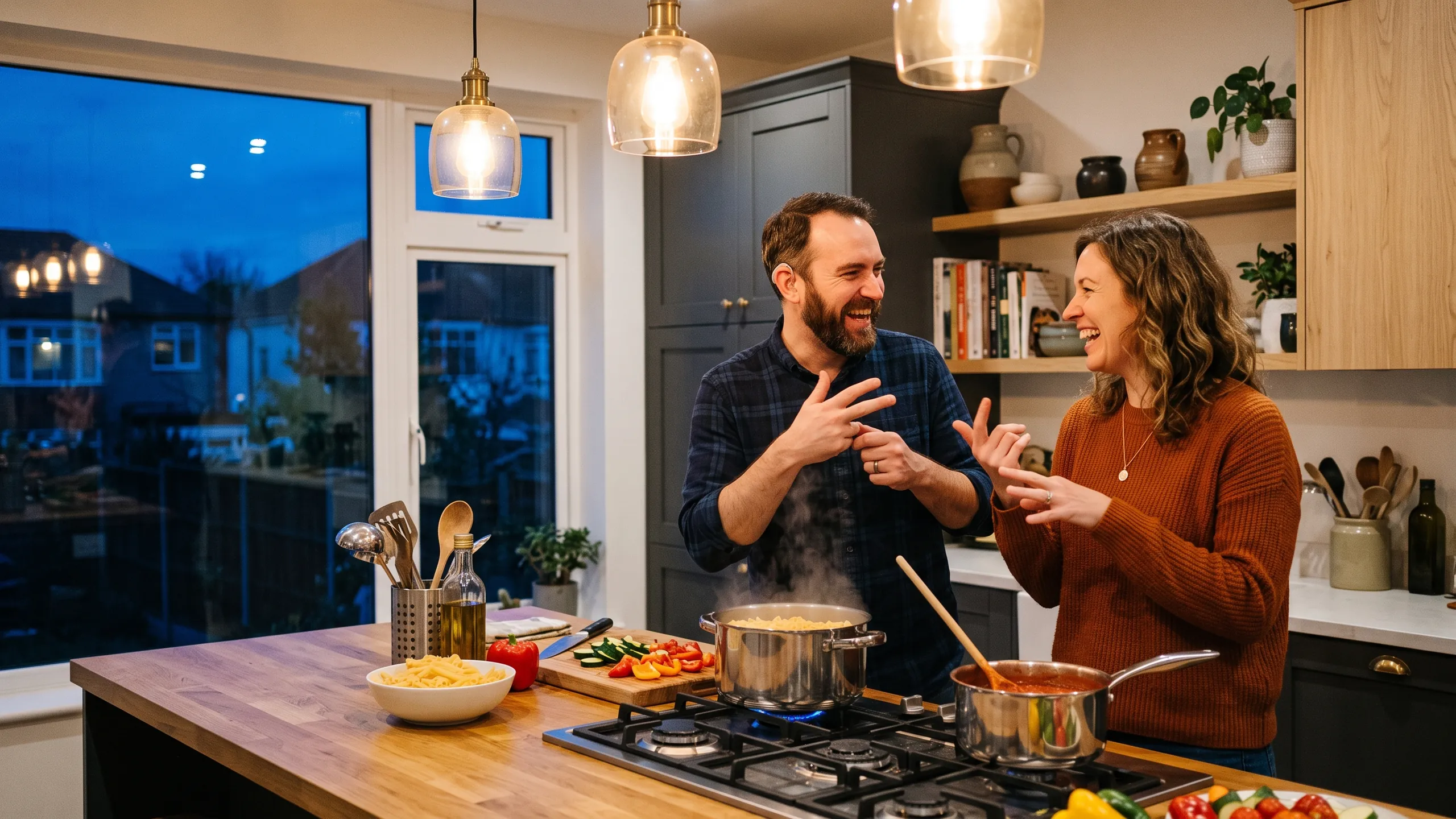 A couple signing to each other and laughing while cooking dinner together in a warm kitchen at dusk