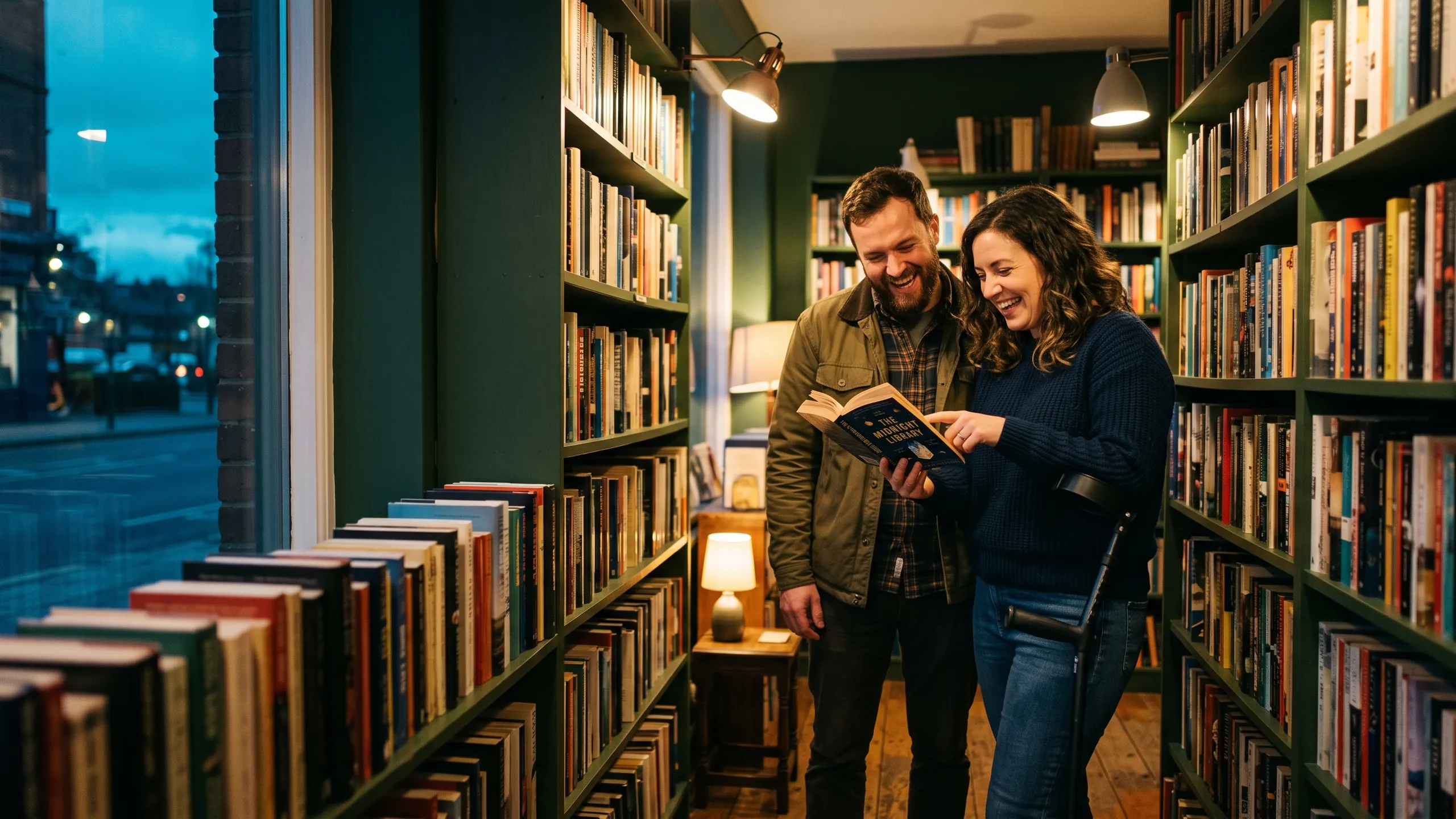 A couple laughing over a book in a cosy evening bookshop, one holding a forearm crutch