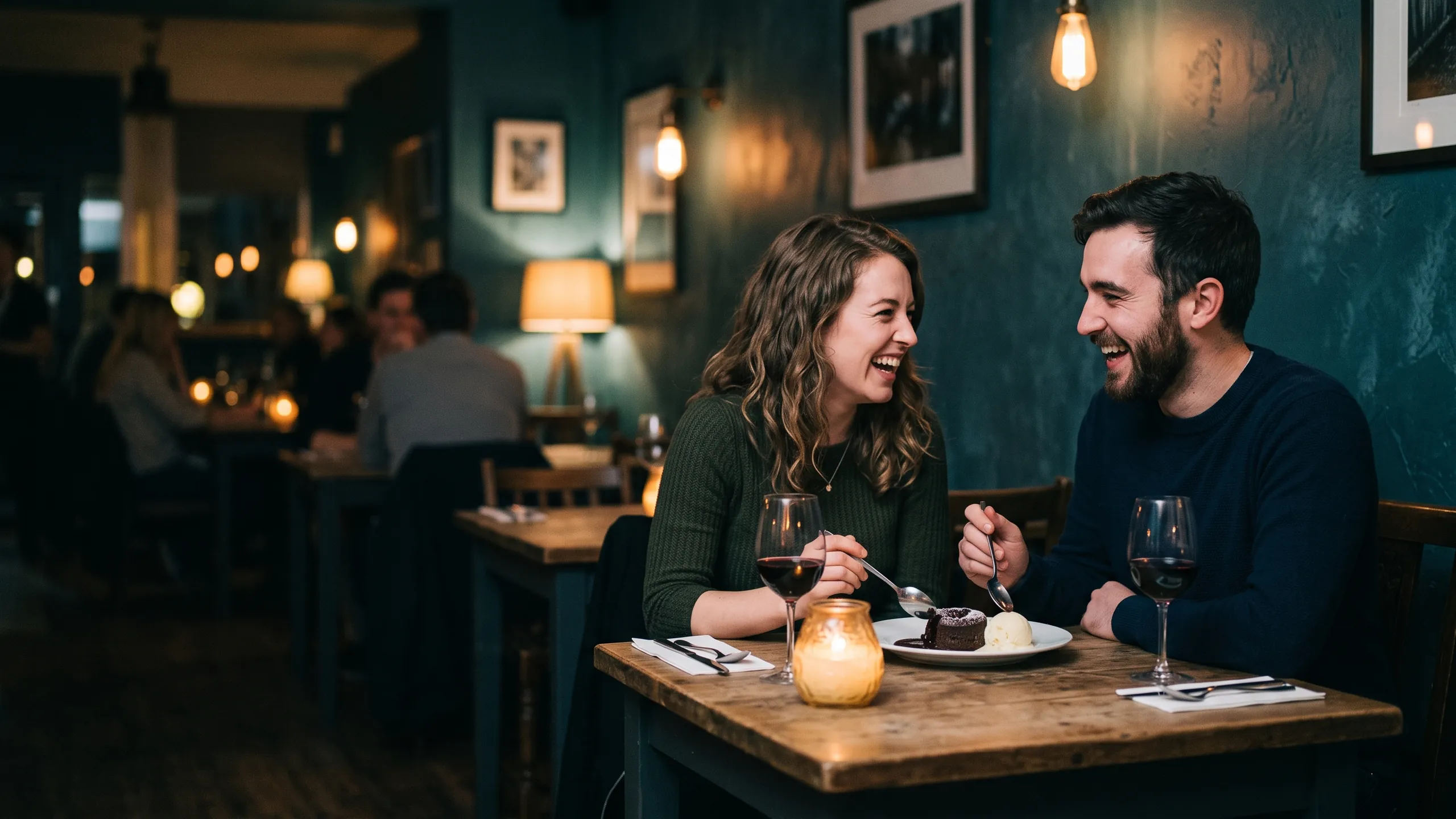 A couple laughing over a shared dessert at a calm candlelit bistro table