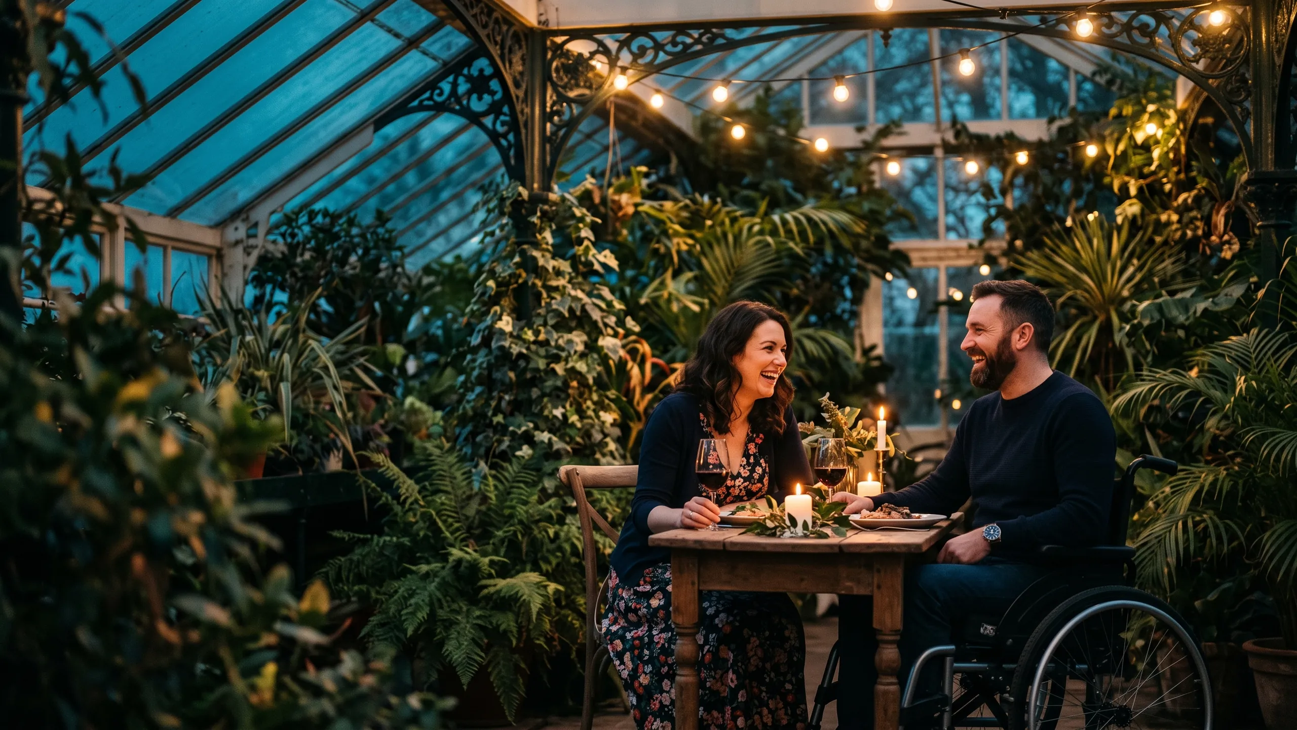 A couple sharing a candlelit dinner inside a Victorian glasshouse conservatory at dusk; one partner is a wheelchair user