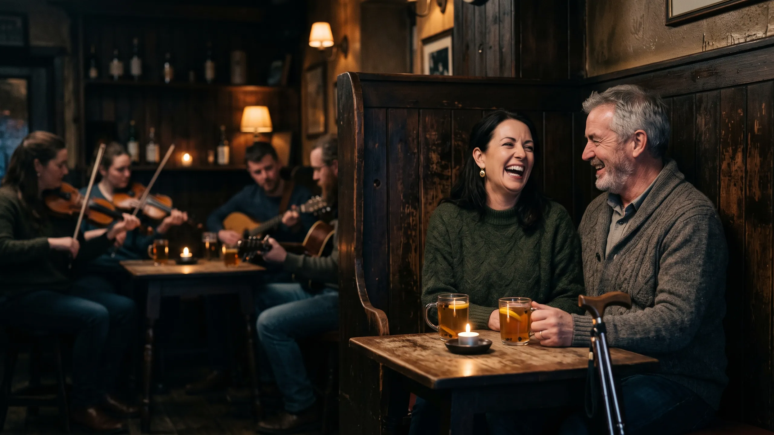A couple laughing over hot whiskeys in a snug pub during a traditional music session, a walking stick beside the table