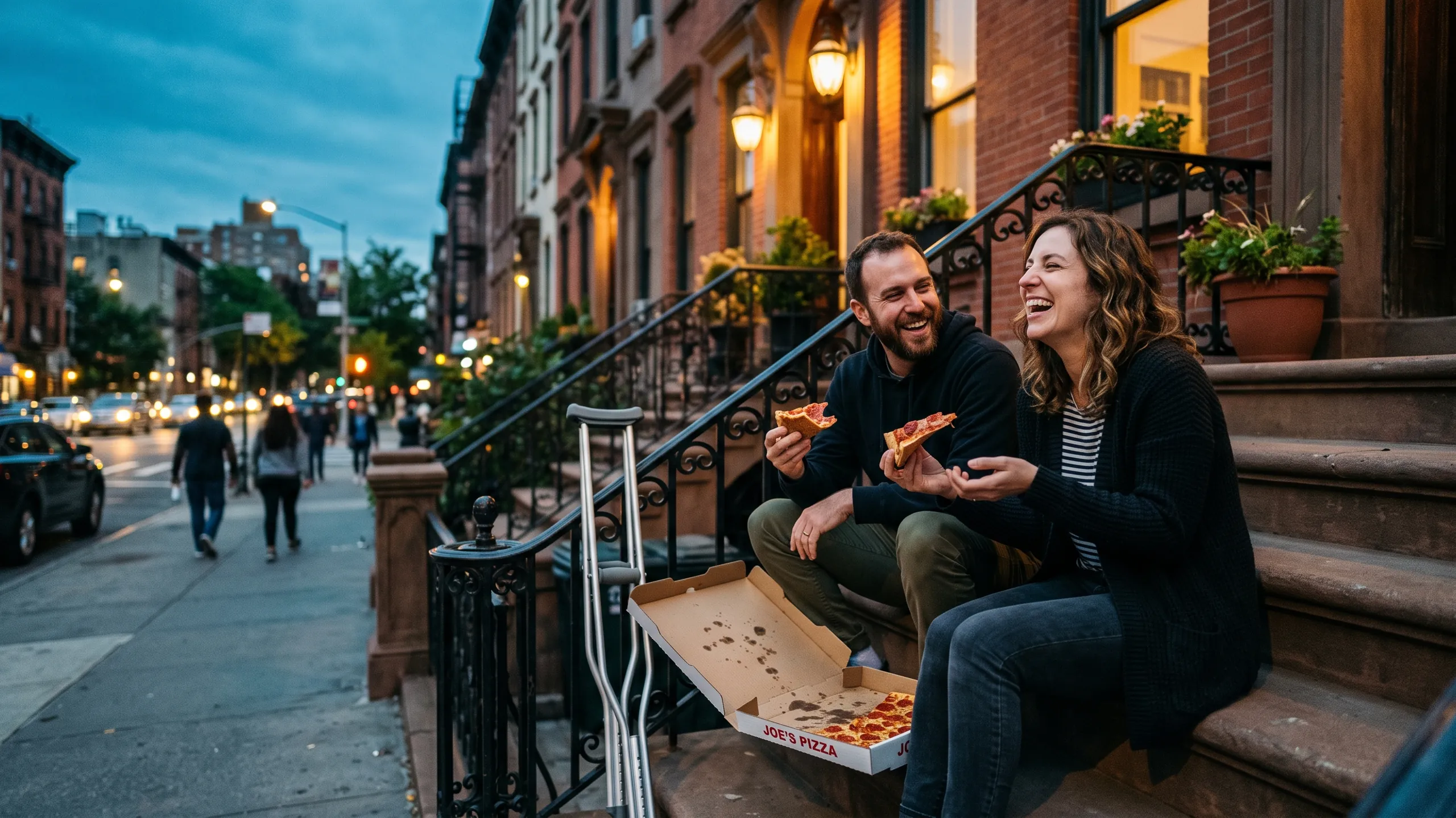 A couple laughing over pizza on brownstone steps at dusk, crutches resting against the railing