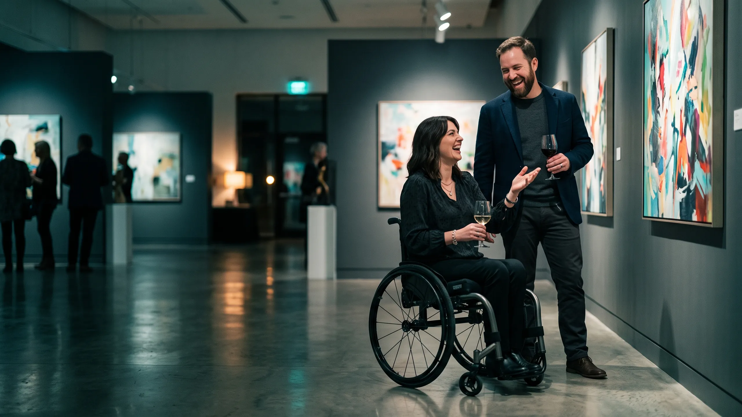 A couple laughing together at an evening art gallery, wine in hand; one partner is a wheelchair user